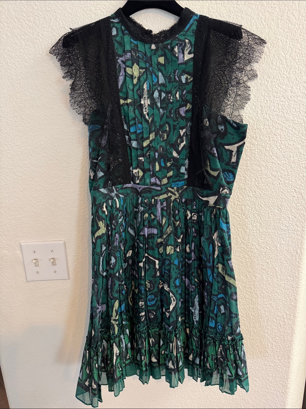 Valentino Green Floral Lace-Trim Sleeveless Dress